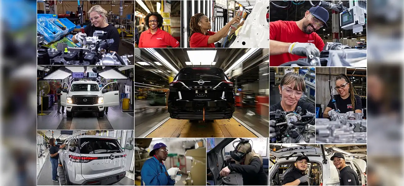 A collage of images of cars and people taken in manufacturing plants.