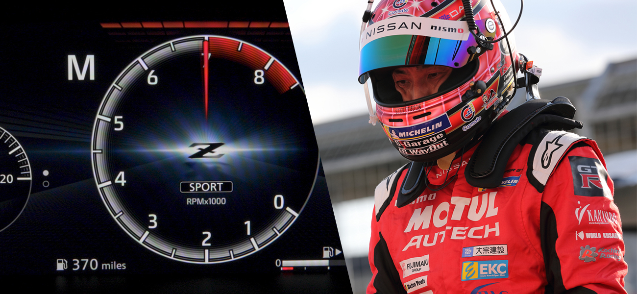 A tachometer on the left and a race driver in a red helmet on the right.