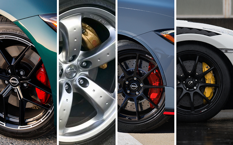 A collage of Nissan wheel with the brake calipers showing.