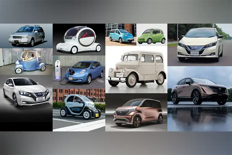 Un collage de varios coches Nissan de diferentes años.