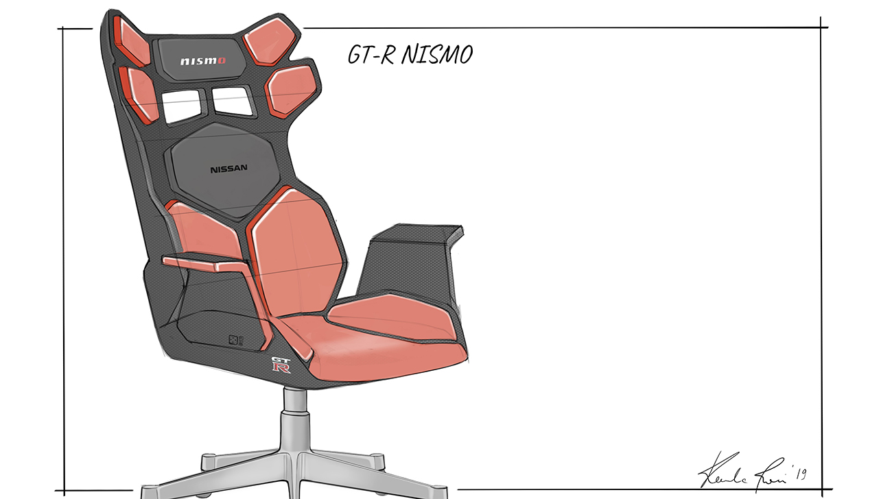 An illustration of a black and red colored office chair.