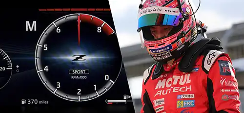 Collage image of a speedometer and person in racing suit