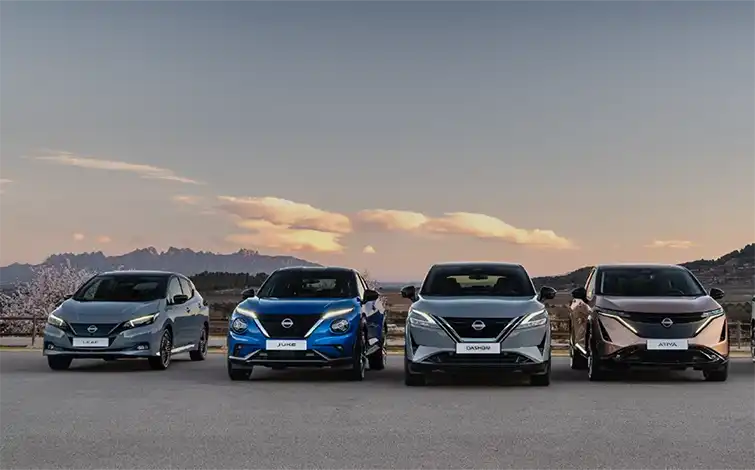 Lineup of parked Nissan vehicles