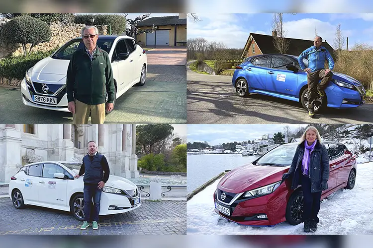 A collage of 4 individuals posing in front of their own Nissan LEAFs