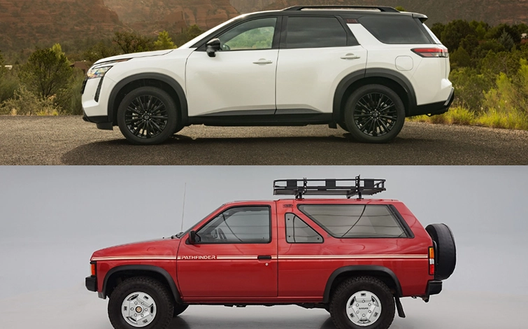 A collage of a new 2027 Nissan Pathfinder and a 1987 Nissan Pathfinder.