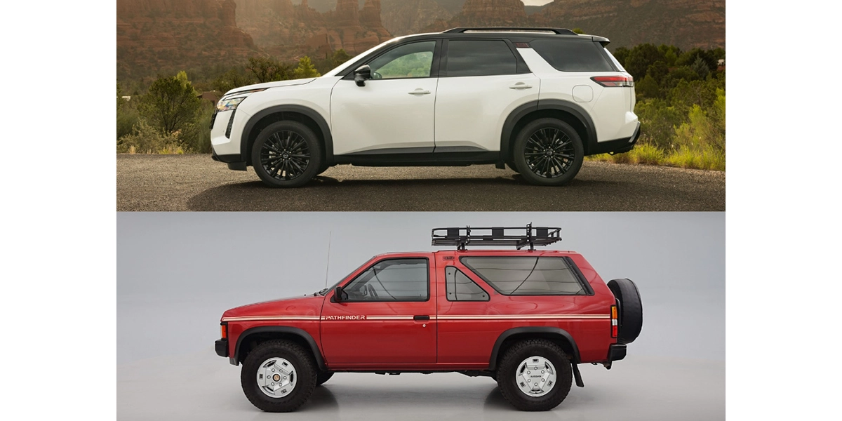 A collage of a new 2027 Nissan Pathfinder and a 1987 Nissan Pathfinder.