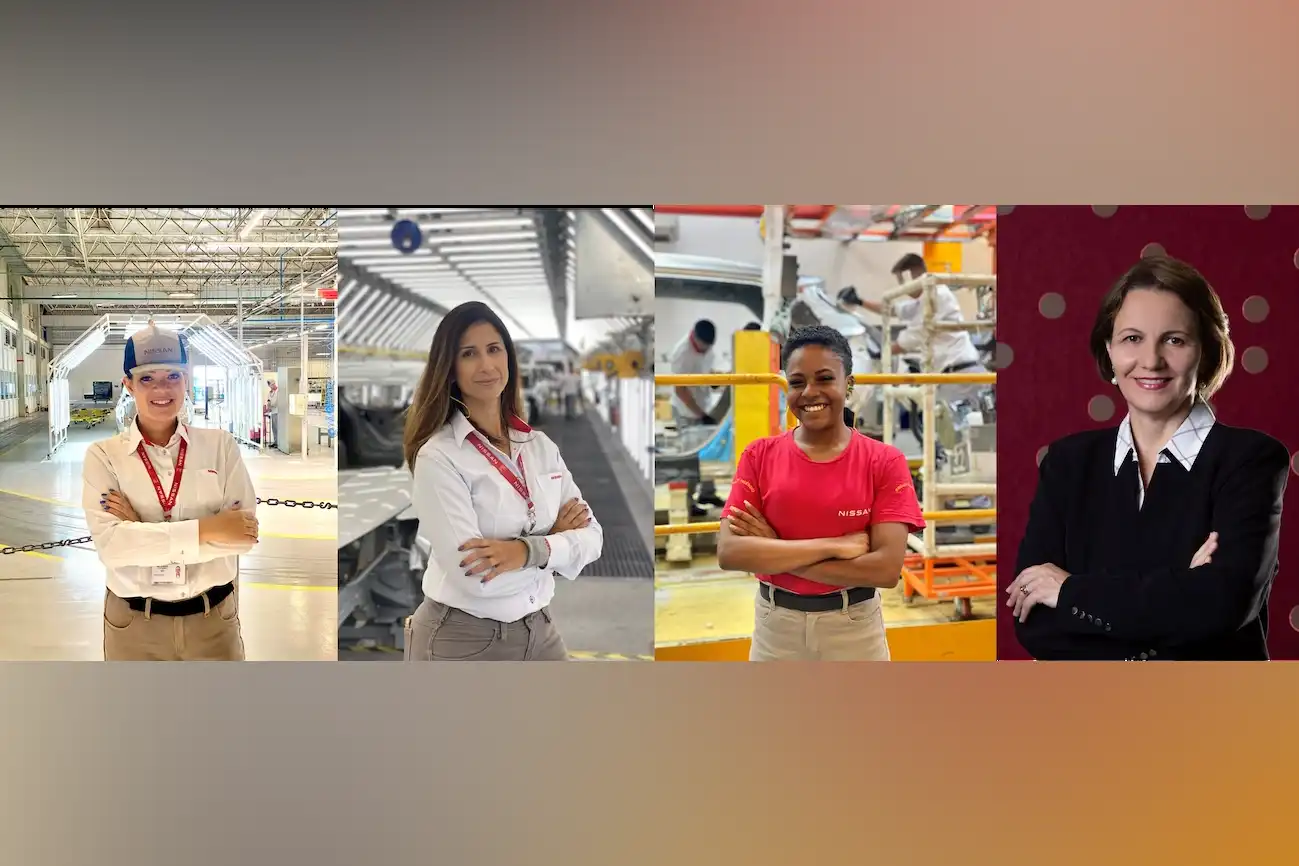 Mosaico com foto de quatro mulheres, funcionárias da Nissan, de braços cruzados. Três delas estão na linha de montagem e a última num escritório.