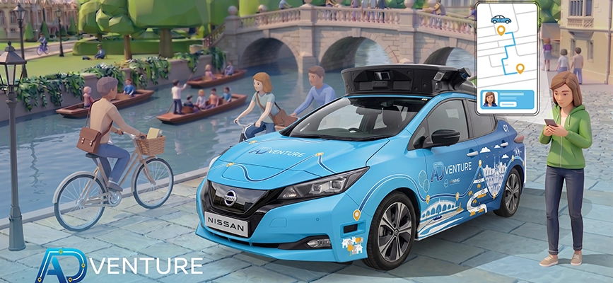 Illustration of a blue Nissan LEAF branded with the ADVENTURE livery. The car is parked beside a riverside street in Cambridge. The vehicle is equipped with roof-mounted sensors and surrounded by pedestrians, cyclists, punts on the river, and a historic stone bridge. A smartphone graphic displays a mobility booking interface, demonstrating how autonomous transport services could be accessed by users within local communities.