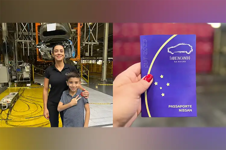 Mulher e criança no lado esquerdo e no lado direito, uma imagem de um passaporte
