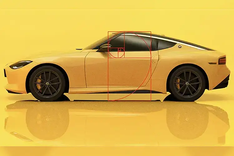 A side view of a yellow Nissan Z on a yellow background.