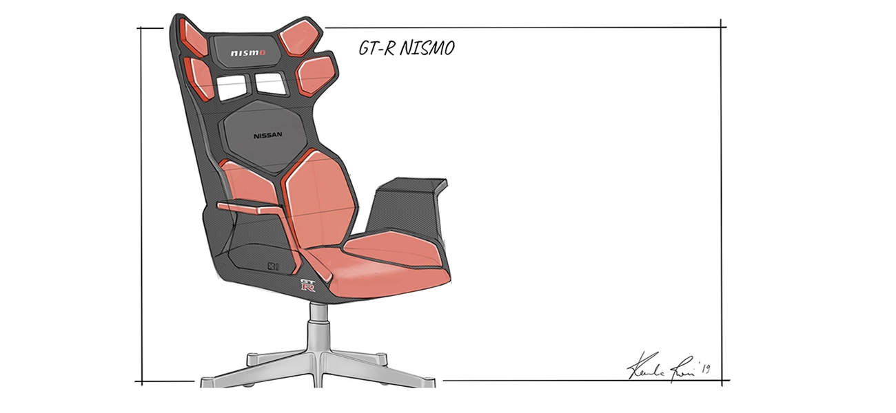 An illustration of a black and red colored office chair.