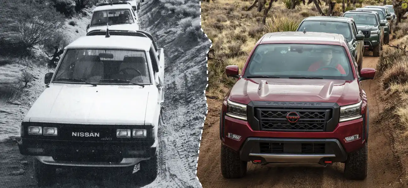 An old Nissan Frontier on the left and the newer Frontier on the right, both images taken on Mojave road.