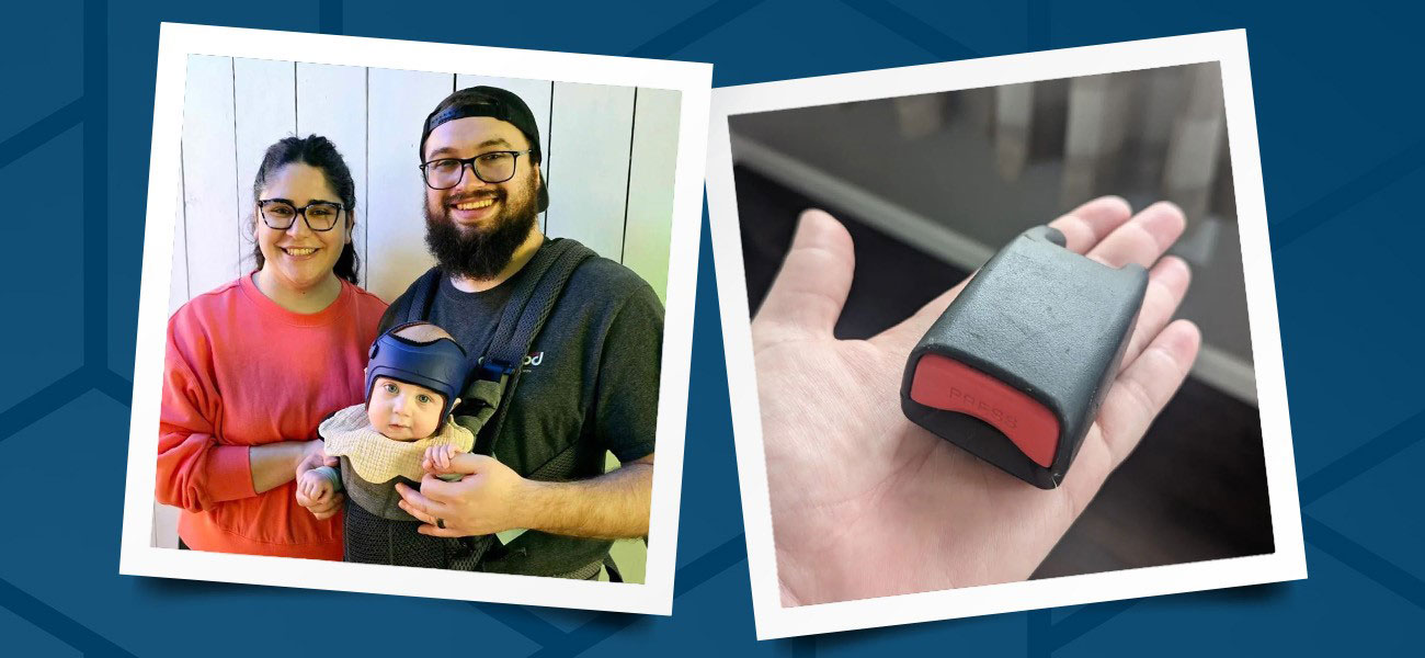 A photo collage of two parents holding a baby, the second image is a hand holding a seat belt buckle from a vehicle.