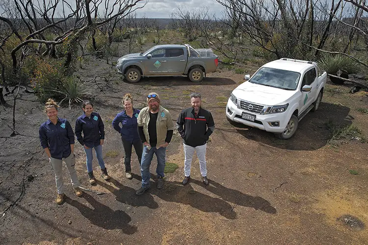 A group of people standing on a dirt road with Nissan Navarras behind them.
