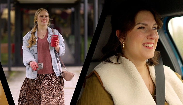 A three-panel image shows a man working on a laptop at a desk, a young woman walking outdoors with a coffee and phone, and a woman smiling while driving a car.