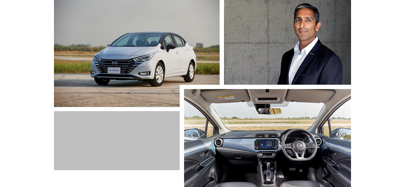 Photo collage of white car, Hiren Patel looking forward and smiling, and dashboard in a car
