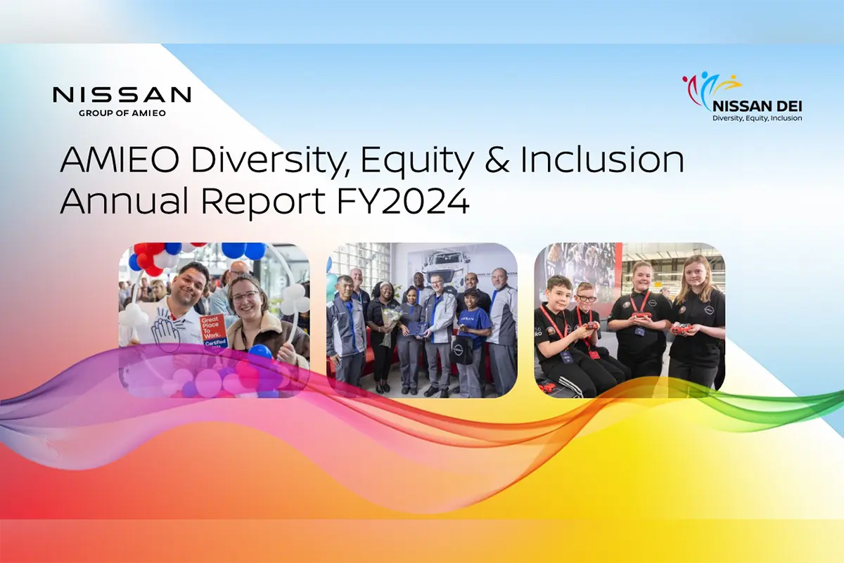 Banner for Nissan AMIEO’s FY2024 DEI Report featuring employee photos and a colorful gradient background