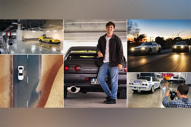 Varias imágenes de un automóvil en un diseño con un hombre parado detrás de un automóvil