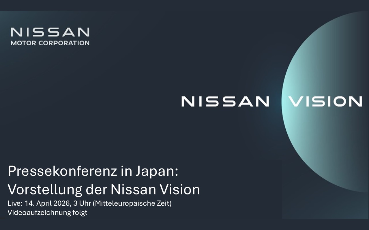 Auf blauem Hintergrund steht der Texthinweis auf die Nissan Vision Pressekonferenz im April 2026