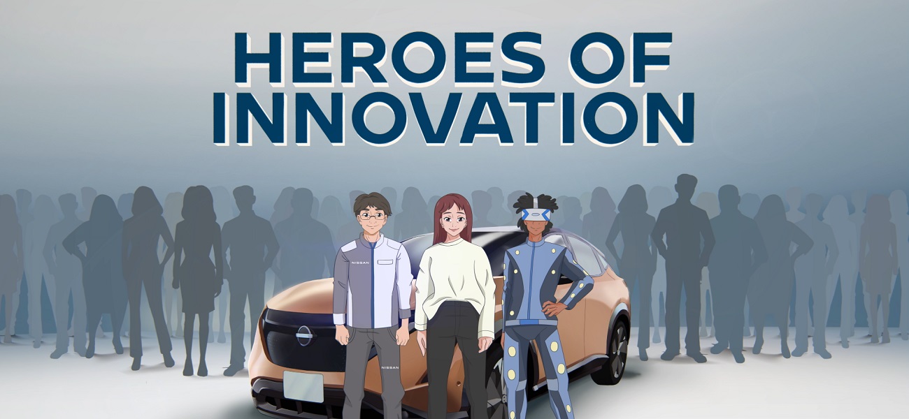 An image of 3 animated people standing in front of a car with accompanying phrase "Heroes of innovation".
