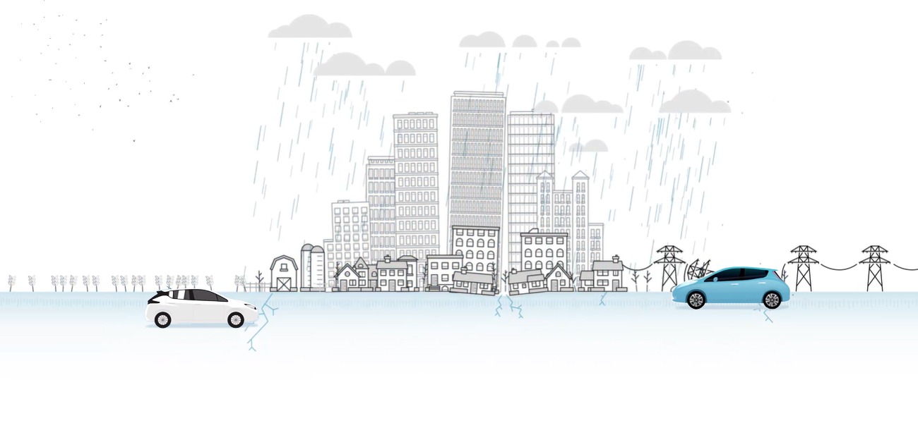 An illustration of 2 cars and a city in a rain storm behind.