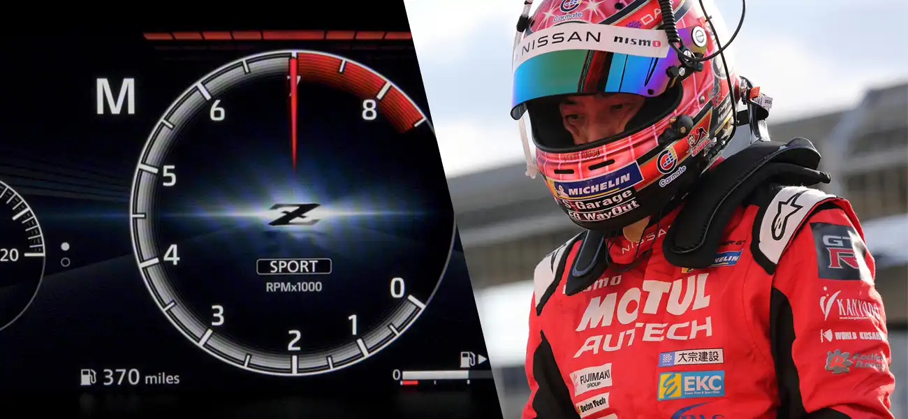 Collage image of a speedometer and person in racing suit