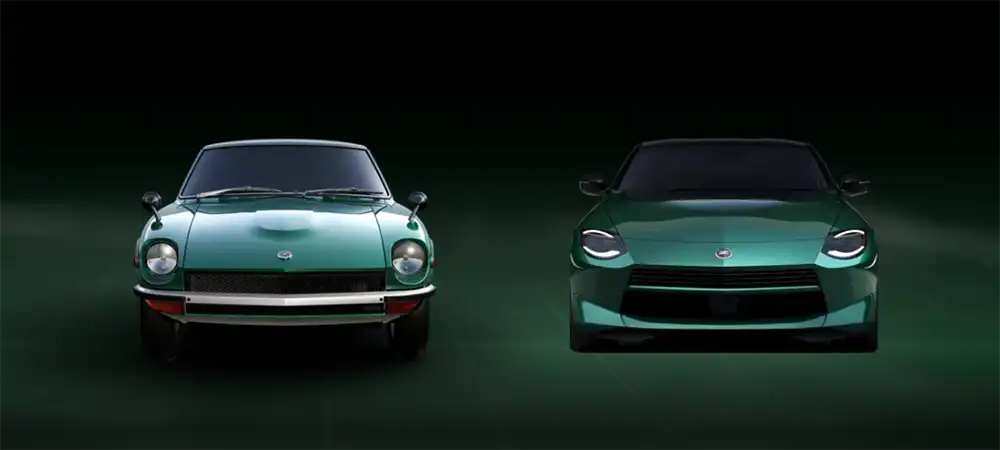 A Datsun 240Z and Nissan Z with green virtual flooring beneath them