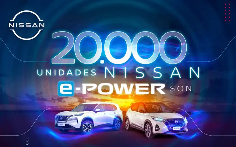 Infografía que dice “20.000 unidades de e-POWER son” y varias alternativas de respuestas. Ilustrado con fotos de vehículos X-trail y Kicks.