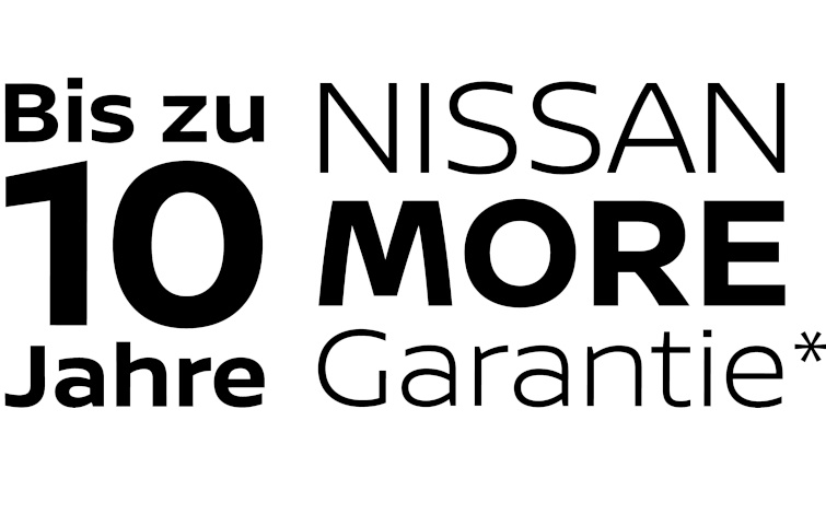 Auf weißem Hintergrund steht der schwarze Text: Bis zu 10 Jahre Nissan MORE Garantie*