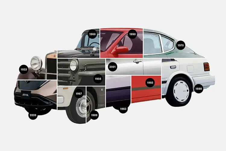 Un mosaico de varios coches Nissan de diferentes años.