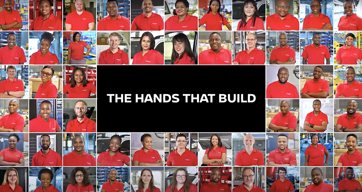 'The Hands That Build' collage featuring faces of Nissan employees