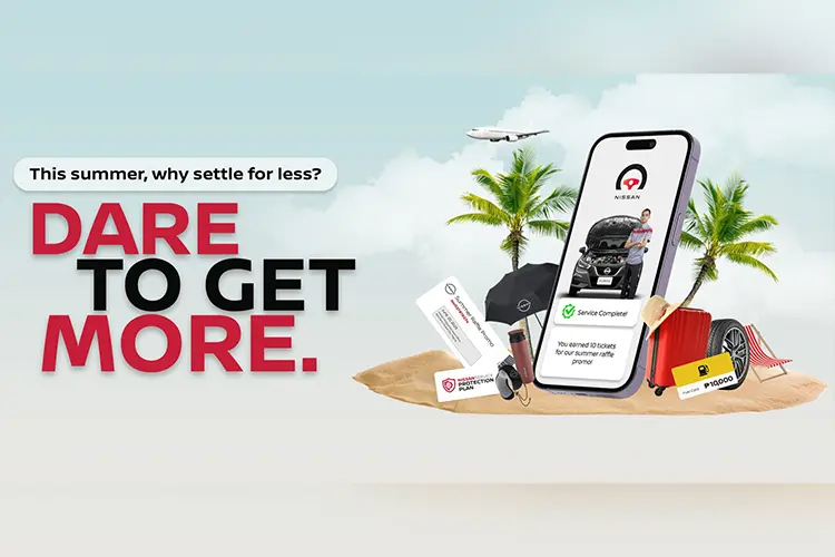 Nissan summer promo image with the slogan "Dare to Get More," showing a phone, beach items, and raffle prizes.