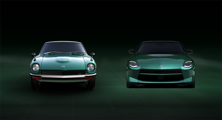 A Datsun 240Z and Nissan Z with green virtual flooring beneath them