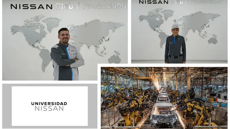 Imagens de funcionários da Nissan - um homem e uma mulher - que cursaram a universidade e também imagem da linha de fabricação de produto da Nissan