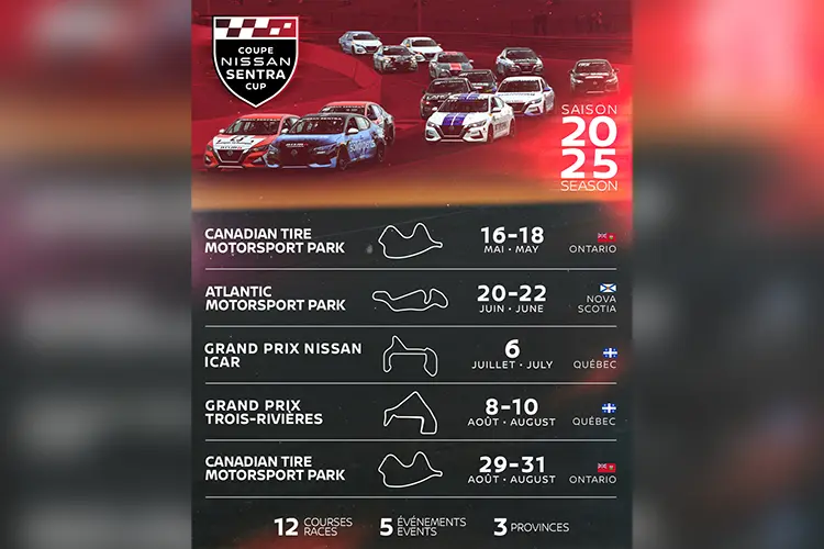 An infographic outlining where and when all 5 races will take place for the 2025 Nissan Sentra Cup season