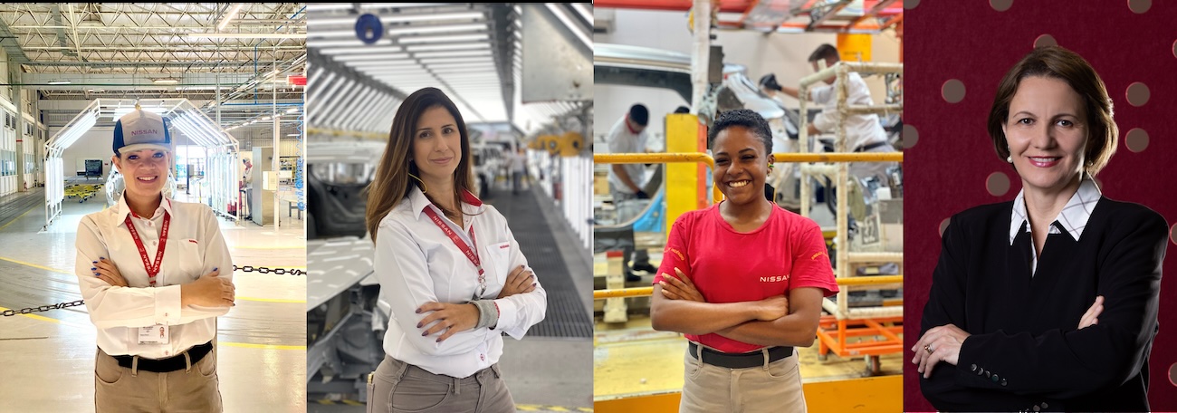 Mosaico com foto de quatro mulheres, funcionárias da Nissan, de braços cruzados. Três delas estão na linha de montagem e a última num escritório.