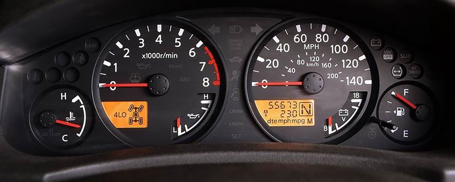 The gauge cluster of a 2005 Nissan Frontier