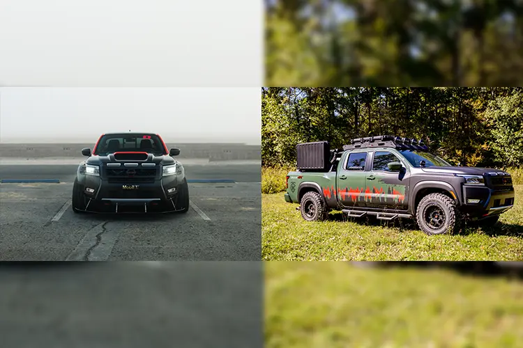 (Left Image) Front view of the Nissan Frontier Tarmac, parked in a lot on a foggy day. (Right Image) Right profile view of green 2025 Project Trailgater Nissan Frontier parked on grass with trees behind.