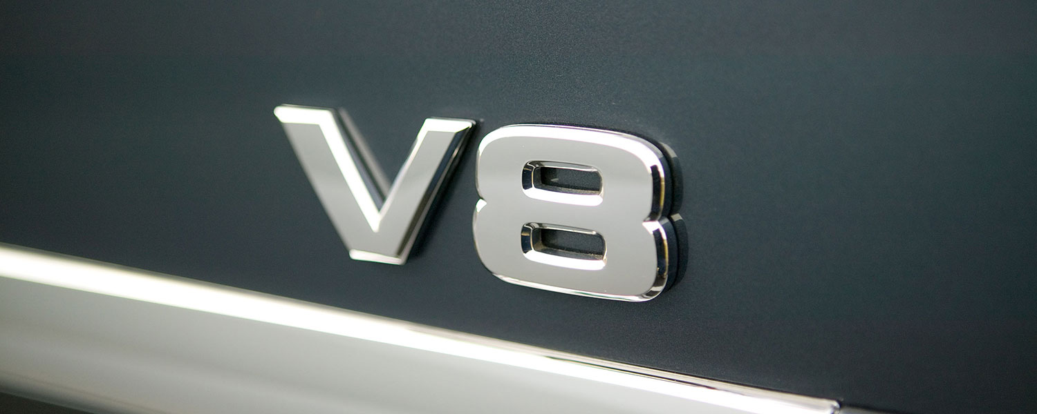 A close up image of the Pathfinder V8 badges