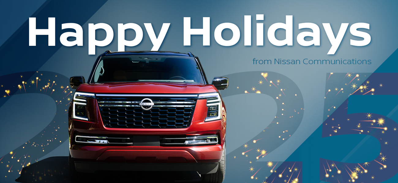 A blue graphic that reads “Happy Holidays” in white with “2025” in blue beneath, a red Nissan Armada is the zero in 2025.