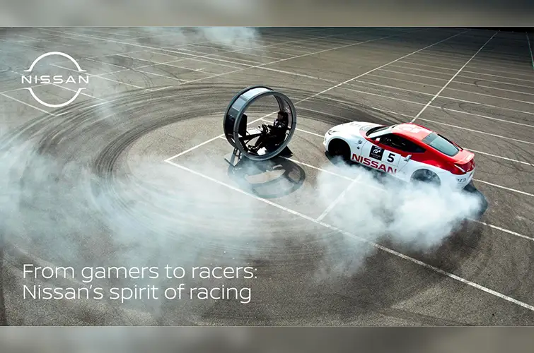 A smoking Nissan car drifting around a gaming chair