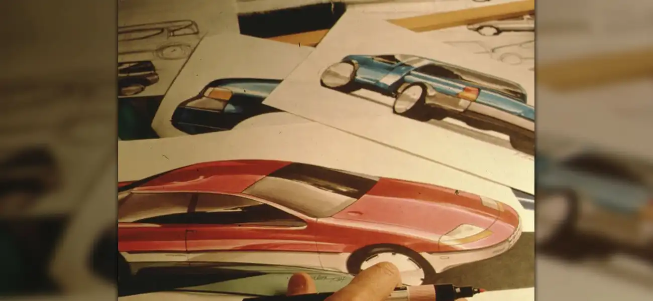 Rendering sketches of various cars in different color.