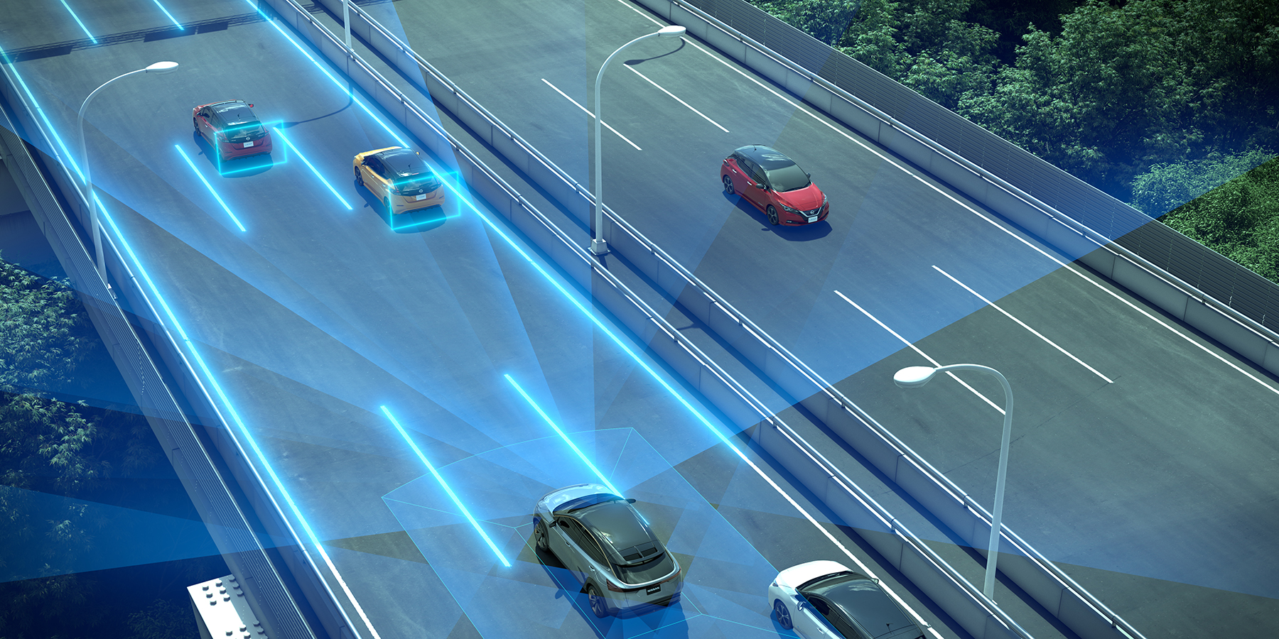 Imagen de un automóvil circulando por una autopista con luces azules que detectan otros automóviles a su alrededor.