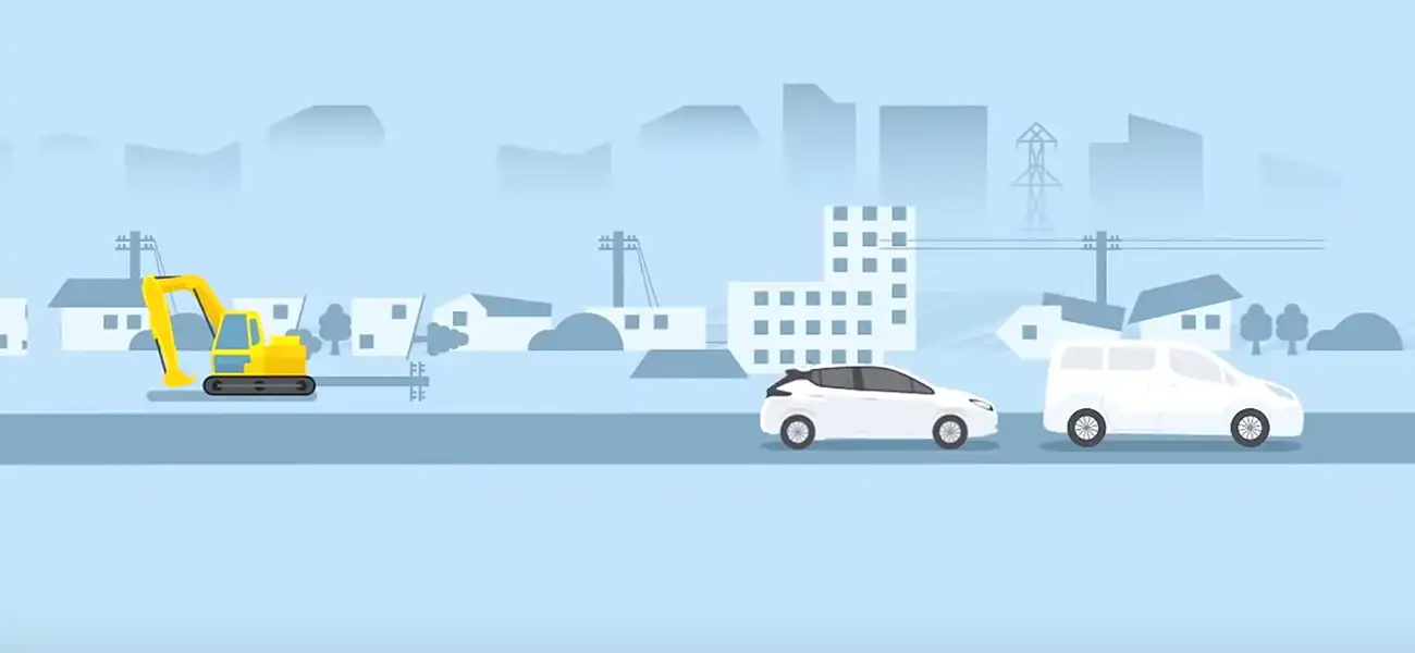 An illustration of 2 white cars driving in the city.