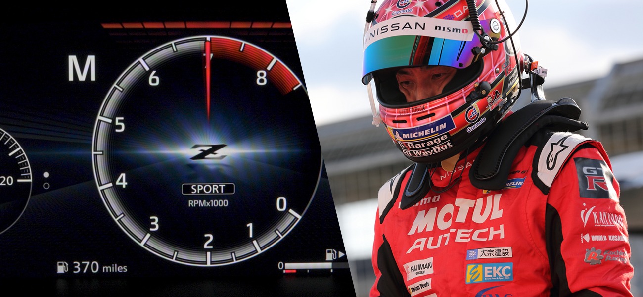 A tachometer on the left and a race driver in a red helmet on the right.