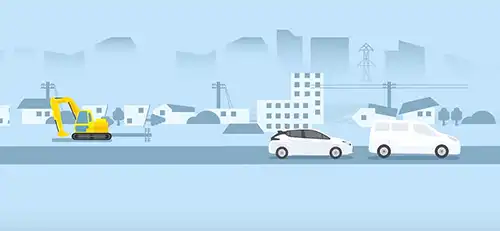 Cartoon graphic of two cars and one construction vehicle