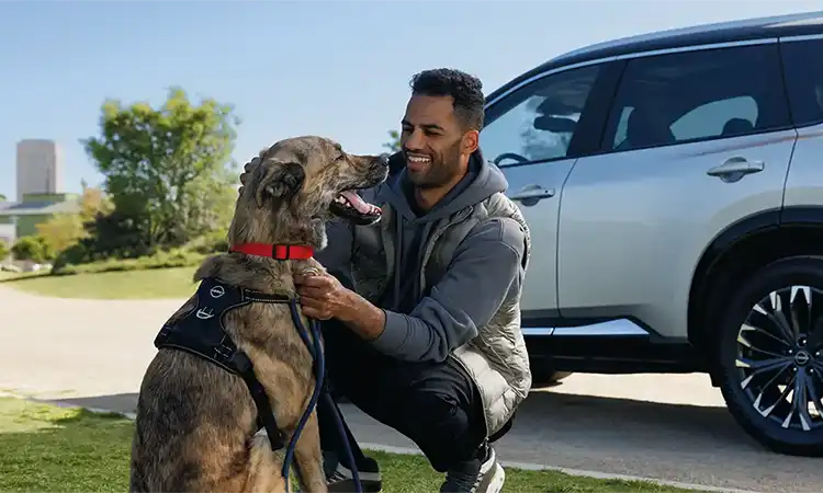 A man at a park, smiling and petting a large dog in front of a Nissan car.