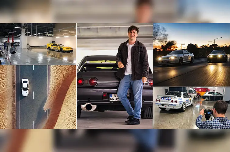 A collage of photos showing multiple cars driving and a man in a jacket standing by his car