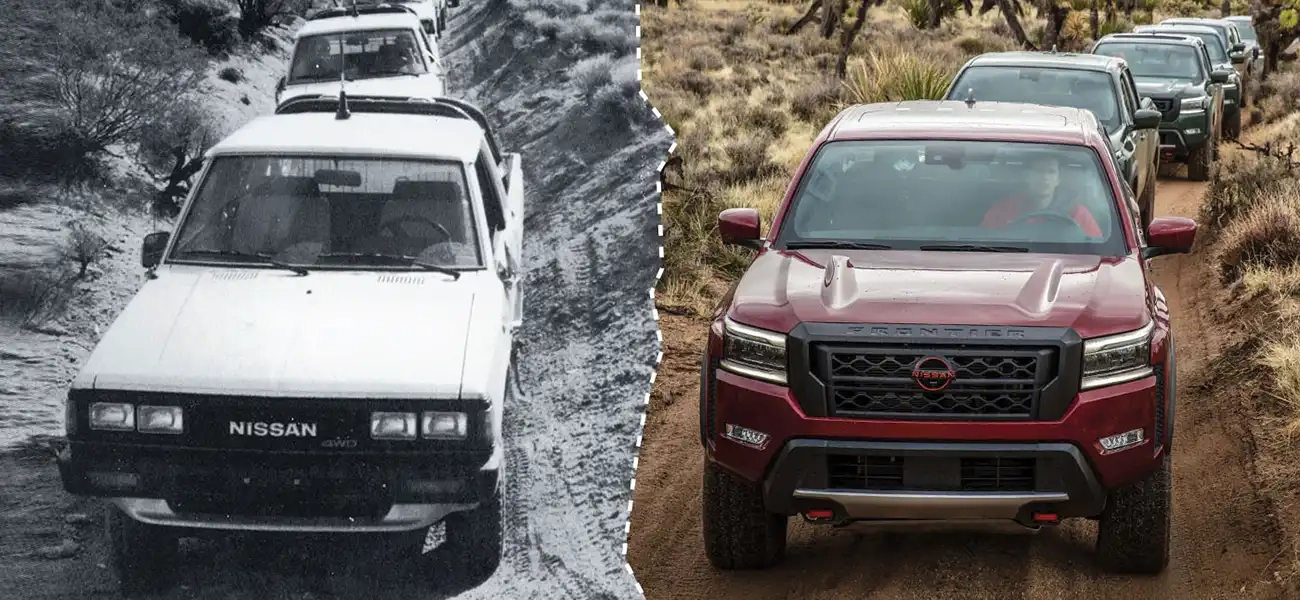 An old Nissan Frontier on the left and the newer Frontier on the right, both images taken on Mojave road.