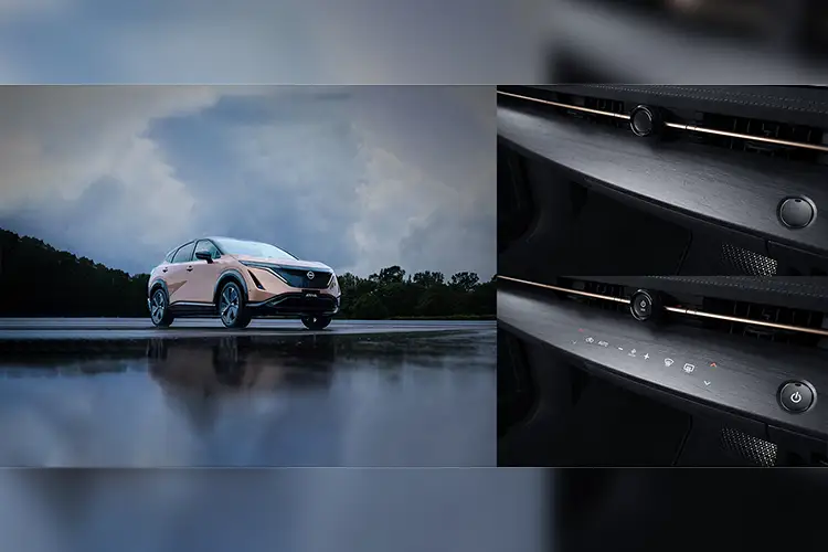 A collage the Nissan Ariya on the left and the dashboard on the right